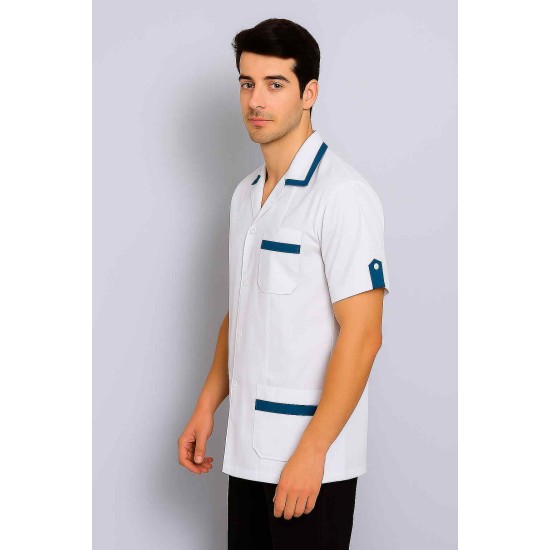 Hangerage White Staff Apron | Unisex_3-Pocket Apron | Half Sleeves | V Neck | style with Contrast teel blue Strip | Comfortable | Durable | Uniform for Medical Professionals (Staff & Nursing)