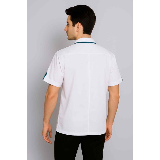 Hangerage White Staff Apron | Unisex_3-Pocket Apron | Half Sleeves | V Neck | style with Contrast teel blue Strip | Comfortable | Durable | Uniform for Medical Professionals (Staff & Nursing)