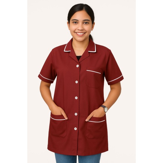Hangerage Maroon Staff Apron | Unisex_3-Pocket Apron | Half Sleeves | V Neck | style with White Pipine | Comfortable | Durable | Uniform for Medical Professionals (Staff & Nursing)