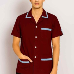 Hangerage Maroon Staff Apron | Unisex_3-Pocket Apron | Half Sleeves | V Neck | style with Contrast sky blue Strip | Comfortable | Durable | Uniform for Medical Professionals (Staff & Nursing)