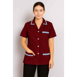 Hangerage Maroon Staff Apron | Unisex_3-Pocket Apron | Half Sleeves | V Neck | style with Contrast sky blue Strip | Comfortable | Durable | Uniform for Medical Professionals (Staff & Nursing)