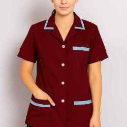 Hangerage Maroon Staff Apron | Unisex_3-Pocket Apron | Half Sleeves | V Neck | style with Contrast sky blue Strip | Comfortable | Durable | Uniform for Medical Professionals (Staff & Nursing)