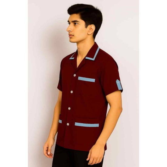 Hangerage Maroon Staff Apron | Unisex_3-Pocket Apron | Half Sleeves | V Neck | style with Contrast sky blue Strip | Comfortable | Durable | Uniform for Medical Professionals (Staff & Nursing)