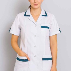 Hangerage White Staff Apron | Unisex_3-Pocket Apron | Half Sleeves | V Neck | style with Contrast teel blue Strip | Comfortable | Durable | Uniform for Medical Professionals (Staff & Nursing)
