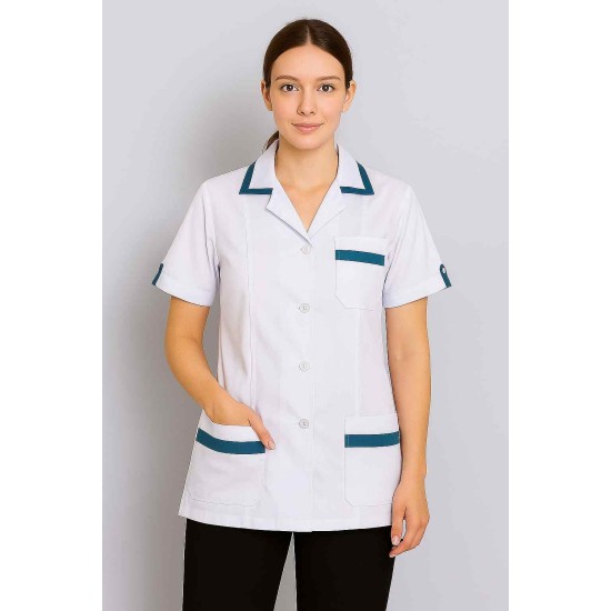 Hangerage White Staff Apron | Unisex_3-Pocket Apron | Half Sleeves | V Neck | style with Contrast teel blue Strip | Comfortable | Durable | Uniform for Medical Professionals (Staff & Nursing)