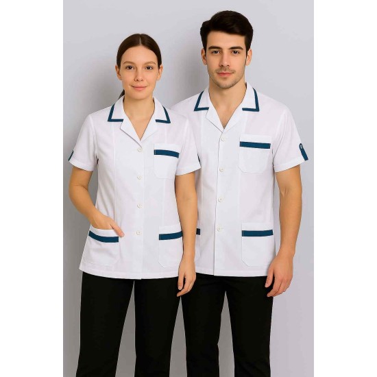Hangerage White Staff Apron | Unisex_3-Pocket Apron | Half Sleeves | V Neck | style with Contrast teel blue Strip | Comfortable | Durable | Uniform for Medical Professionals (Staff & Nursing)