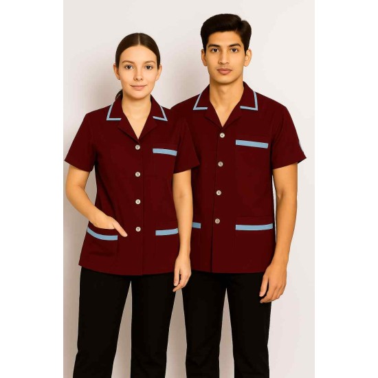 Hangerage Maroon Staff Apron | Unisex_3-Pocket Apron | Half Sleeves | V Neck | style with Contrast sky blue Strip | Comfortable | Durable | Uniform for Medical Professionals (Staff & Nursing)
