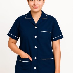 Hangerage Navy Blue Staff Apron | Unisex_3-Pocket Apron | Half Sleeves | V Neck | style with White Pipine | Comfortable | Durable | Uniform for Medical Professionals (Staff & Nursing)