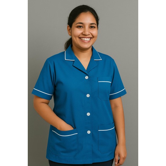 Hangerage Sky Blue Staff Apron | Unisex_3-Pocket Apron | Half Sleeves | V Neck | style with White Pipine | Comfortable | Durable | Uniform for Medical Professionals (Staff & Nursing)
