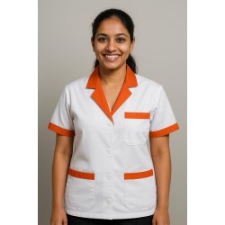 Hangerage White Staff Apron | Unisex_3-Pocket Apron | Half Sleeves | V Neck | style with orange collar | Comfortable | Durable | Uniform for Medical Professionals (Staff & Nursing)