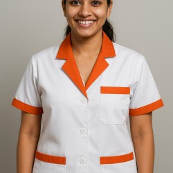 Hangerage White Staff Apron | Unisex_3-Pocket Apron | Half Sleeves | V Neck | style with orange collar | Comfortable | Durable | Uniform for Medical Professionals (Staff & Nursing)