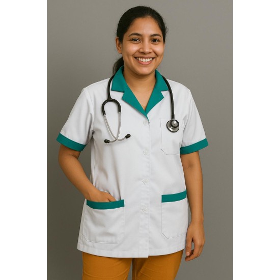 Hangerage White Staff Apron | Unisex_3-Pocket Apron | Half Sleeves | V Neck | style with Green collar | Comfortable | Durable | Uniform for Medical Professionals (Staff & Nursing)