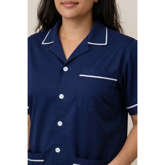 Hangerage Female Staff Dress| Polycotton, Stylish, Comfortable | Half Sleeves | Style with White Pipine | Ideal For Health care Professionals | Color (Navy Blue) Sizes XS - XXL