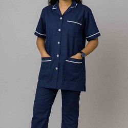 Hangerage Female Staff Dress| Polycotton, Stylish, Comfortable | Half Sleeves | Style with White Pipine | Ideal For Health care Professionals | Color (Navy Blue) Sizes XS - XXL