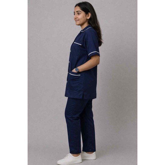 Hangerage Female Staff Dress| Polycotton, Stylish, Comfortable | Half Sleeves | Style with White Pipine | Ideal For Health care Professionals | Color (Navy Blue) Sizes XS - XXL