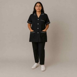 Hangerage Female Staff Dress | Polycotton, Stylish, Comfortable | Half Sleeves | Style with White Pipine | Ideal For Health care Professionals | Color (Black) Sizes  XS - XXL