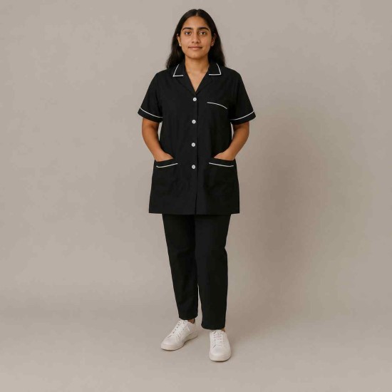 Hangerage Female Staff Dress | Polycotton, Stylish, Comfortable | Half Sleeves | Style with White Pipine | Ideal For Health care Professionals | Color (Black) Sizes  XS - XXL