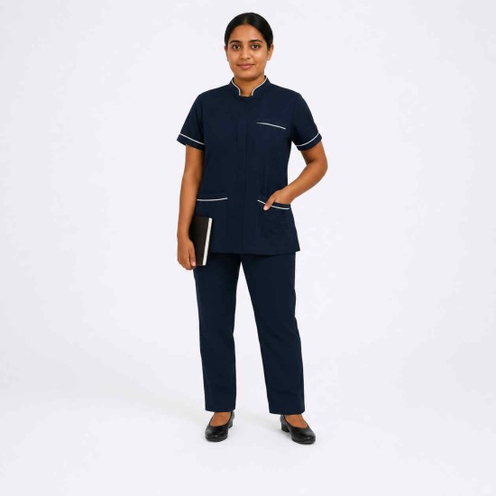 Hangerage Female Staff Dress | Polycotton, Stylish, Comfortable | Half Sleeves | Style with White Pipine | Ideal For Health care Professionals | Color (Ocean Blue) Sizes XS - XXL