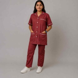 Hangerage Female Staff Dress | Polycotton, Stylish, Comfortable | Half Sleeves | Style with White Pipine | Ideal For Health care Professionals | Color (Maroon) Sizes XS - XXL