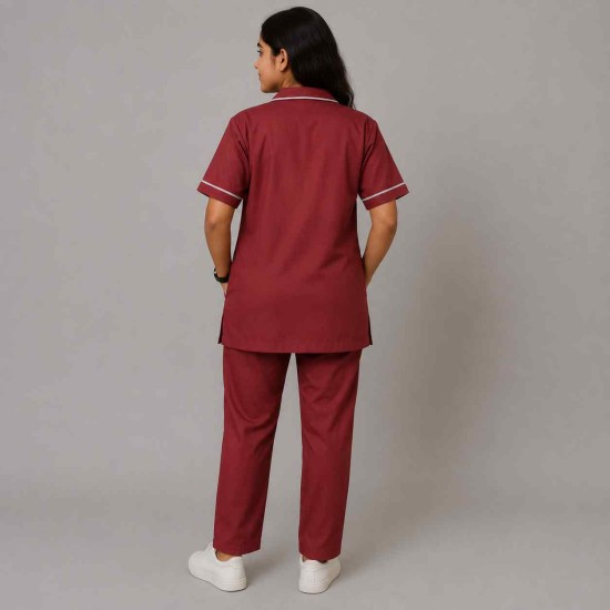 Hangerage Female Staff Dress | Polycotton, Stylish, Comfortable | Half Sleeves | Style with White Pipine | Ideal For Health care Professionals | Color (Maroon) Sizes XS - XXL