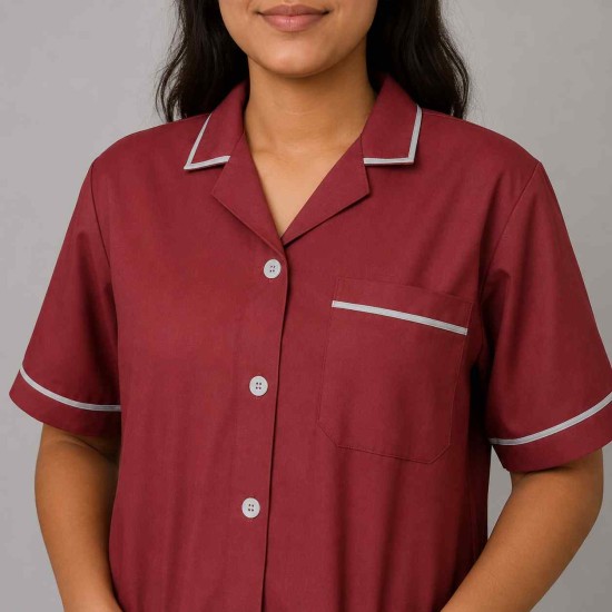 Hangerage Female Staff Dress | Polycotton, Stylish, Comfortable | Half Sleeves | Style with White Pipine | Ideal For Health care Professionals | Color (Maroon) Sizes XS - XXL