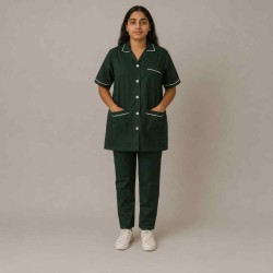 Hangerage Female Staff Dress | Polycotton, Stylish, Comfortable | Half Sleeves | Style with White Pipine | Ideal For Health care Professionals | Color (Bottle Green) Sizes XS - XXL