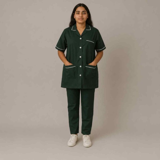Hangerage Female Staff Dress | Polycotton, Stylish, Comfortable | Half Sleeves | Style with White Pipine | Ideal For Health care Professionals | Color (Bottle Green) Sizes XS - XXL
