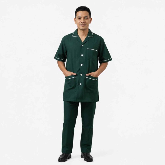 Hangerage Male Staff Dress | Polycotton, Stylish, Comfortable | Half Sleeves | Style with White Pipine | Ideal For Health care Professionals | Color (Bottle Green) Sizes S - XXL