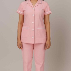 Hangerage Female Staff Dress | Polycotton, Stylish, Comfortable | Half Sleeves | Style with White Pipine | Ideal For Health care Professionals | Color (Pink) Sizes XS - XXL