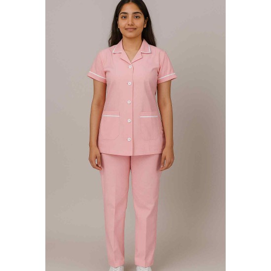 Hangerage Female Staff Dress | Polycotton, Stylish, Comfortable | Half Sleeves | Style with White Pipine | Ideal For Health care Professionals | Color (Pink) Sizes XS - XXL