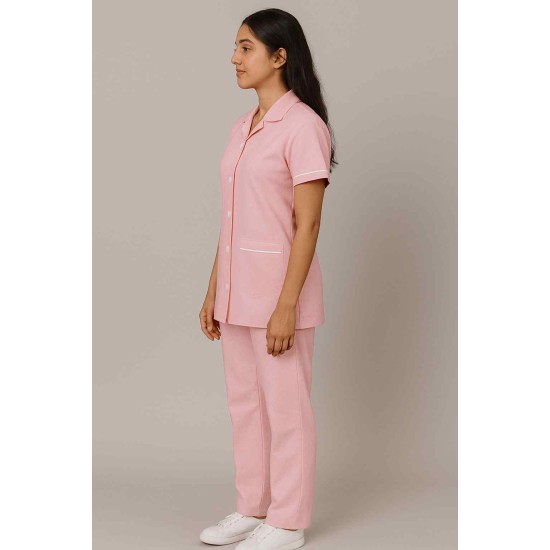 Hangerage Female Staff Dress | Polycotton, Stylish, Comfortable | Half Sleeves | Style with White Pipine | Ideal For Health care Professionals | Color (Pink) Sizes XS - XXL