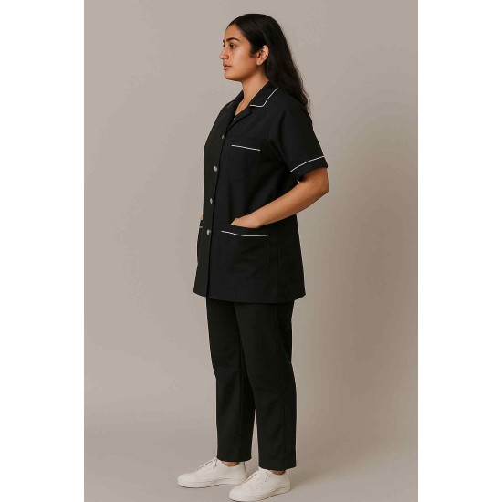 Hangerage Female Staff Dress | Polycotton, Stylish, Comfortable | Half Sleeves | Style with White Pipine | Ideal For Health care Professionals | Color (Black) Sizes  XS - XXL