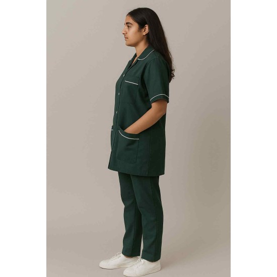 Hangerage Female Staff Dress | Polycotton, Stylish, Comfortable | Half Sleeves | Style with White Pipine | Ideal For Health care Professionals | Color (Bottle Green) Sizes XS - XXL