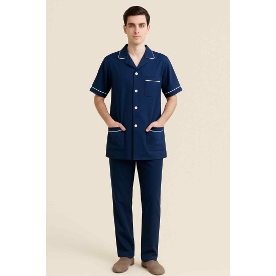 Hangerage Male Staff Dress | Polycotton, Stylish, Comfortable | Half Sleeves | Style with White Pipine | Ideal For Health care Professionals | Color (Navy Blue) Sizes XS - XXL