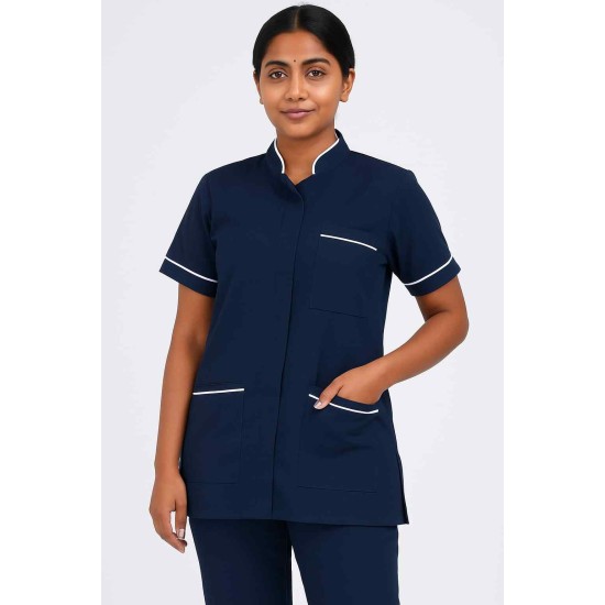 Hangerage Female Staff Dress | Polycotton, Stylish, Comfortable | Half Sleeves | Style with White Pipine | Ideal For Health care Professionals | Color (Ocean Blue) Sizes XS - XXL