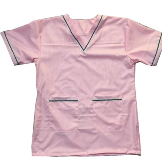 FEMALE V NECK SCRUB SUIT,BABY PINK COLOUT WIHT GREEN  PIPINE,ONE POCKET ON LEFT ARM